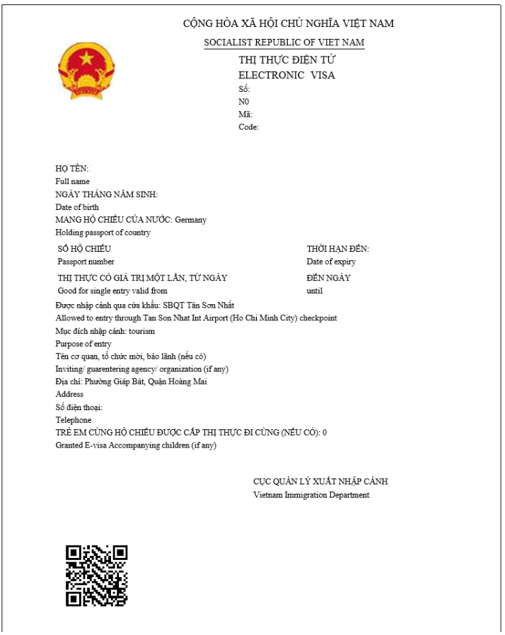 The sample of Vietnam e-visa 