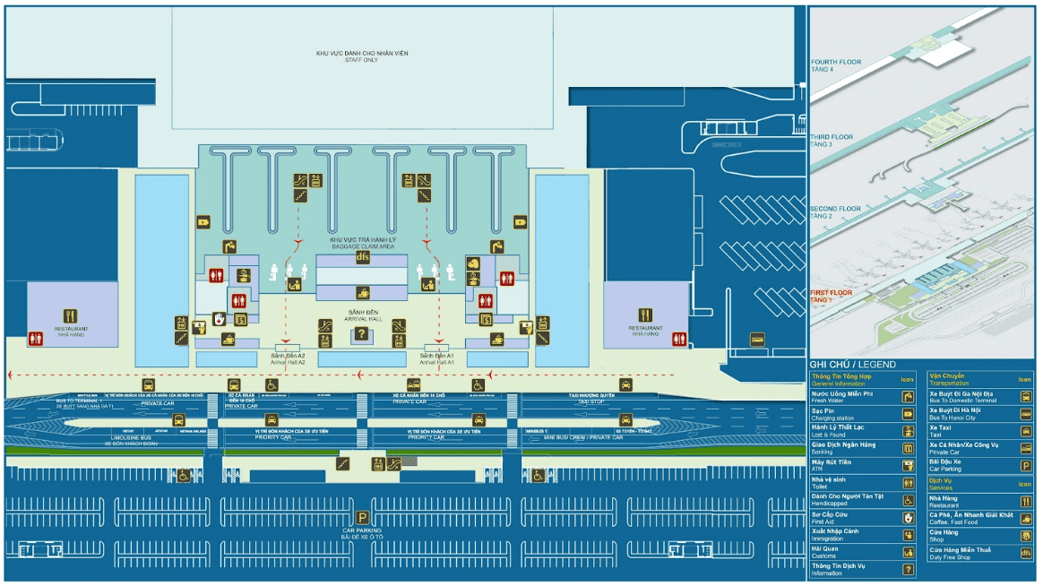Diagram of T2 international passenger terminal in the 1st floor area (Source: noibaiairport.vn)